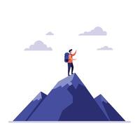 Hiker on Mountain Summit in Flat Style Art with Clouds and Peaks vector
