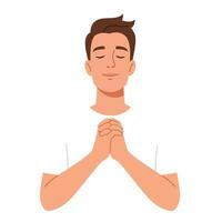 Man with closed eyes showing gratitude in flat art style vector