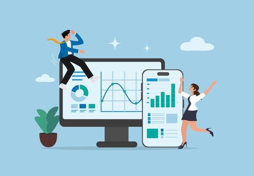 negocio personas son en pie en un computadora pantalla con gráficos y cartas vector