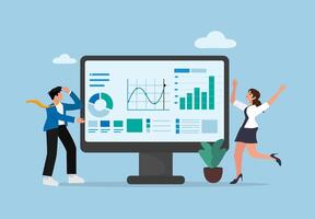 business people standing in front of a computer screen with graphs on it vector