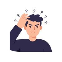 Confused man with question marks in a flat design style illustration vector