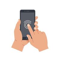 Hand holding smartphone in flat style with touch interaction art vector
