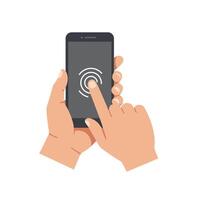 Hands interacting with smartphone touch screen in flat minimal art vector
