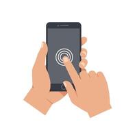 Hand pressing touchscreen on smartphone in flat art style illustration vector