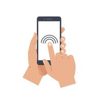 Hand holding a smartphone with touch interaction in flat art vector