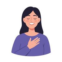 Smiling woman with hand on heart in flat art style illustration vector