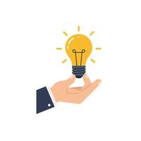 Hand holding a light bulb glowing with inspiration in flat art vector
