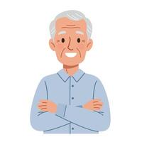 Smiling elderly man with crossed arms in flat art style. vector