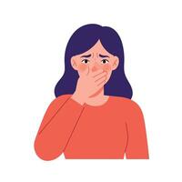 Woman expressing concern with hand on face in flat illustration vector