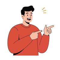 Excited young man pointing with enthusiasm in a flat illustration vector