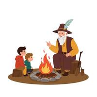 Grandfather telling stories to children around a campfire in flat art vector
