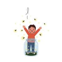 Happy child celebrating freedom in a jar with glowing lights flat art vector