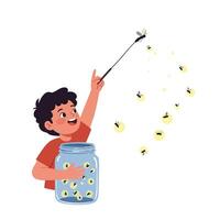 Child Catching Fireflies in Jar with Joyful Expression Flat Illustration vector