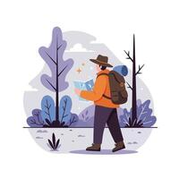 Hiker exploring nature with map in vibrant flat art vector