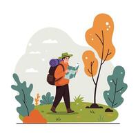 Hiker exploring nature with a map in a flat design illustration vector
