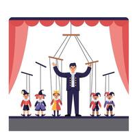 Puppet master controlling marionettes in flat, colorful illustration vector