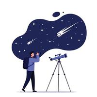 Man observing stars through telescope in flat art style illustration vector