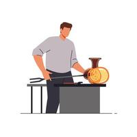 Glassblower shaping a vase in minimal flat design art vector