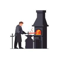 Blacksmith working at forge in flat art style with fiery furnace and tools in illustration vector