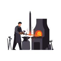 Blacksmith working with metal at forge in flat art vector