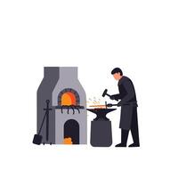 Blacksmith working at an anvil with furnace in flat art vector