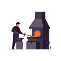 Blacksmith working with fire and tools in flat art vector