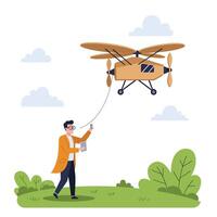 Man operating a drone in a park with flat design art vector