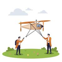 Two men launching a small aircraft in a flat design illustration vector