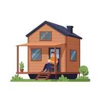 Cozy wooden house with person enjoying beverage in minimal flat art vector