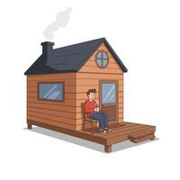 Cozy wooden cabin with a person enjoying coffee in a flat illustration vector