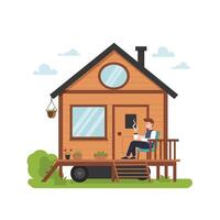Cozy wooden house with a deck and a person enjoying coffee in flat art vector