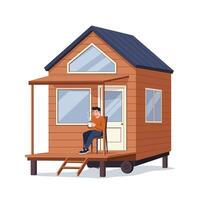 Cozy tiny house with a person sitting on the porch in flat art vector