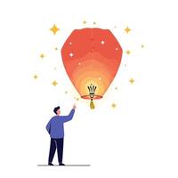 Person interacting with glowing lantern in minimal flat art vector