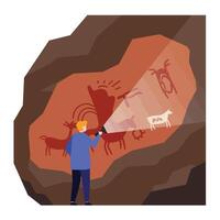 Caveman observing ancient rock art with flashlight, flat design art vector