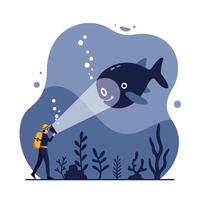 Diver exploring underwater scene with a large friendly fish in flat art vector