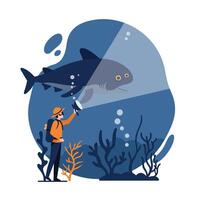 Diver exploring underwater scene with shark in flat art style vector