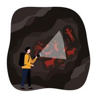 Cave exploration with flashlight illuminating ancient animal drawings in flat art vector