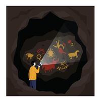 Person exploring ancient cave drawings in flat art style with rich colors and shapes illustration vector