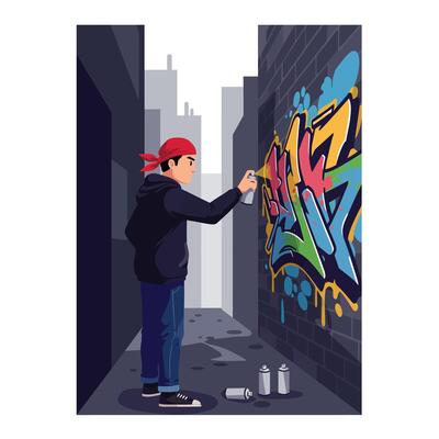 Street artist creating vibrant graffiti in urban alley with flat illustration