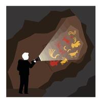 Person exploring cave paintings with flashlight in minimal art vector