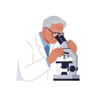 Scientist examining specimen under microscope in detailed flat art vector