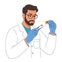 Scientist in lab coat examining sample with tweezers in flat art vector