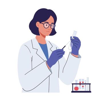 Scientist conducting laboratory experiments using test tubes in flat art vector