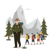 Ranger guiding hikers through beautiful mountains in flat art vector