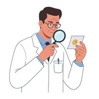 Scientist examining specimen with magnifying glass in flat art vector