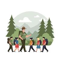 Group of hikers with ranger in flat, colorful illustration vector