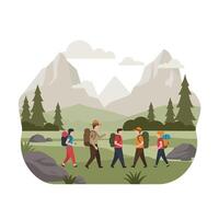 Group of hikers exploring nature in flat design art vector