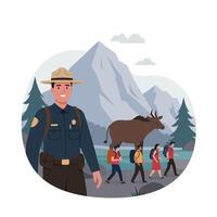 Park ranger guiding hikers with moose in background, flat illustration vector