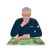 Military officer studying a strategic map in flat art style vector