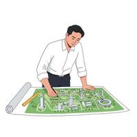 Architect working on detailed building plan in flat art vector